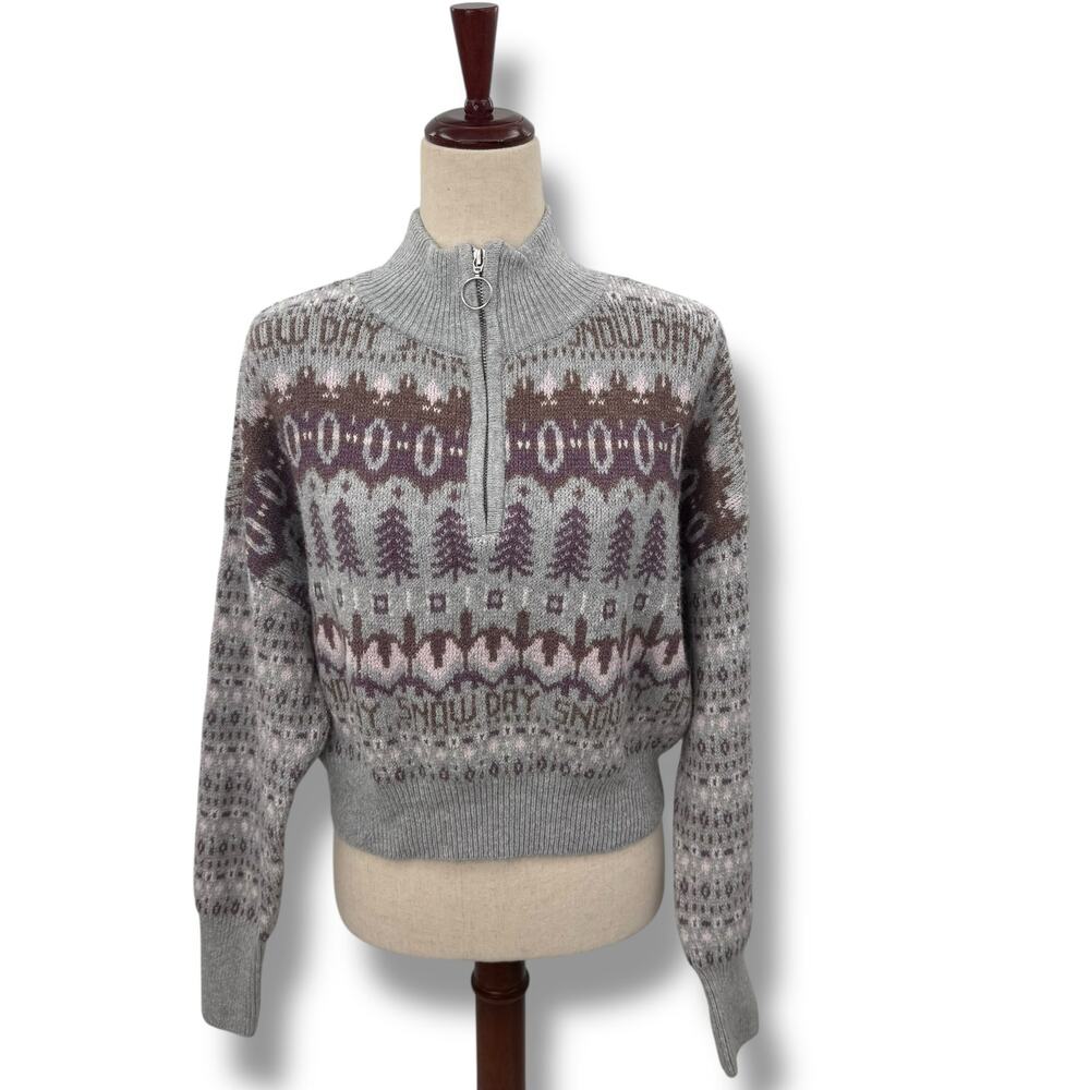 Macy's Gray and Brown Fair Isle Half-Zip Pullover Sweater